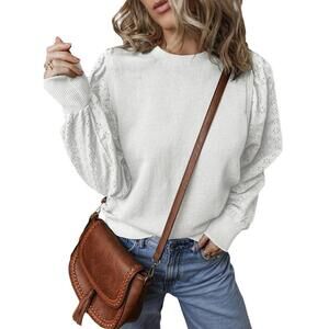 Chic White Puff Sleeve Sweater with Eyelet Detailing - Size S